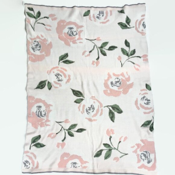 Pottery Barn Kids Meredith Knit Pink Floral Rose Baby Nursery Blanket 46x30 - Picture 2 of 8